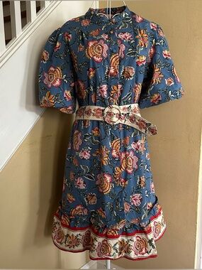 Joie Blue Floral Puff-Sleeve Buttoned Dress with Belt